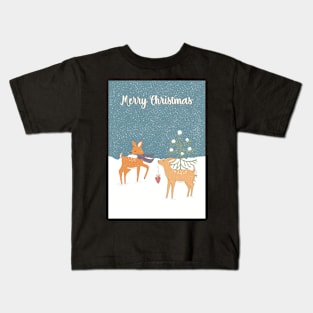 Merry Christmas, two small deer meeting in the snowy night Kids T-Shirt